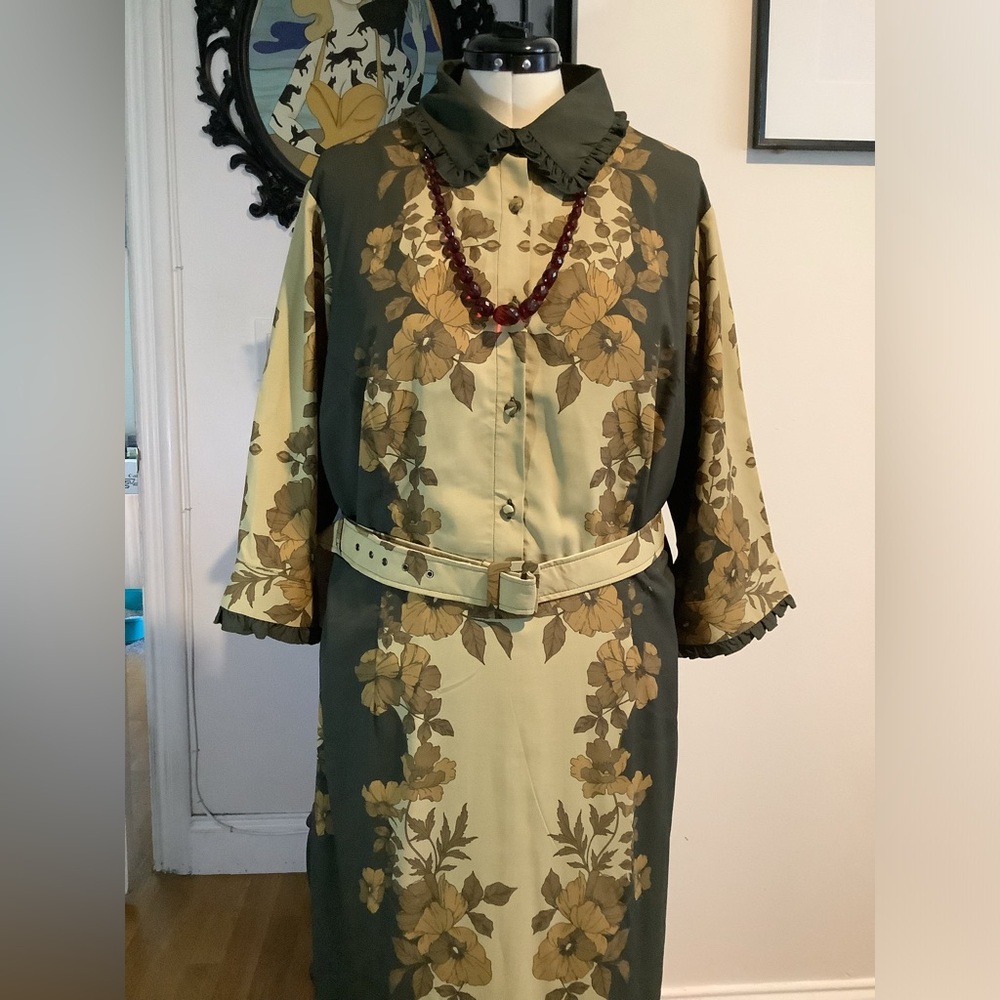 70s green floral shirt dress